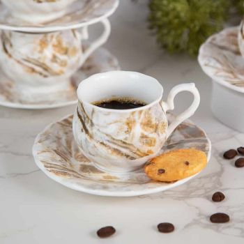 ПОРЦЕЛАНОВ СЕРВИЗ ЗА КАФЕ  / 6 чаши +6 чинийки / -  МРАМОР ОКЪПАН В ЗЛАТНО