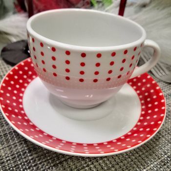 СЕРВИЗ ЗА КАФЕ И ЧАЙ  ОТ 6 ЧАШИ И 6 ЧИНИЙКИ - ЧЕРВЕНИ ТОЧКИ