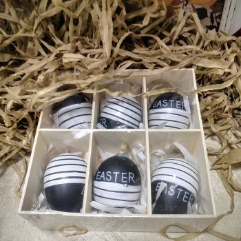 КОМПЛЕКТ ОТ 6 БРОЯ ДЕКОРАТИВНИ ЯЙЦА / ВИСЯЩИ/ - ЧЕРНО-БЯЛА КЛАСИКА