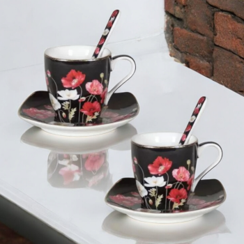СЕРВИЗ ЗА  КЪСО КАФЕ ЕСПРЕСО 2 ЧАШКИ И 2 ЧИНИЙКИ - ЧЕРВЕНИ МАКОВЕ НА ЧЕРЕН ФОН