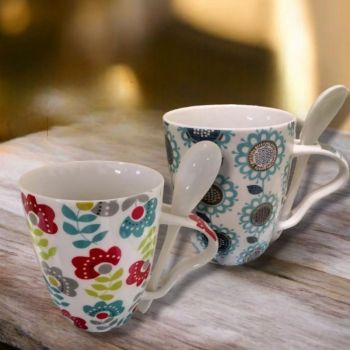 КОМПЛЕКТ 2 броя ЧАШИ С ЛЪЖИЧКИ - ЦВЕТНА УТРИН