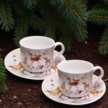 КОЛЕДЕН  КОМПЛЕКТ ЗА ДВАМА / 2 чаши + 2 чинийки/ 150мл ЗА КАФЕ - ГОРСКА СРЕЩА НА КОЛЕДА 
