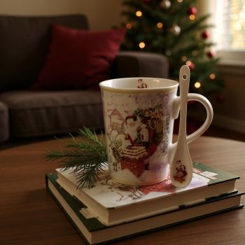 ЧАША 300мл С ЛЪЖИЧКА И ПОДЛОЖКА В ПОДАРЪЧНА КУТИЯ ДЯДО КОЛЕДА - ЧАКАН ГОСТ