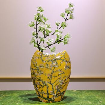 ПОРЦЕЛАНОВА ВАЗА ПО КАРТИНА НА ВАН ГОГ - ЦЪФНАЛИ БАДЕМИ / жълт фон /