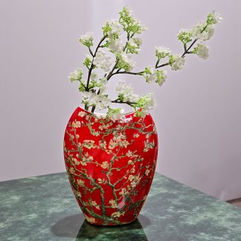 ПОРЦЕЛАНОВА ВАЗА ПО КАРТИНА НА ВАН ГОГ - ЦЪФНАЛИ БАДЕМИ / червен фон /