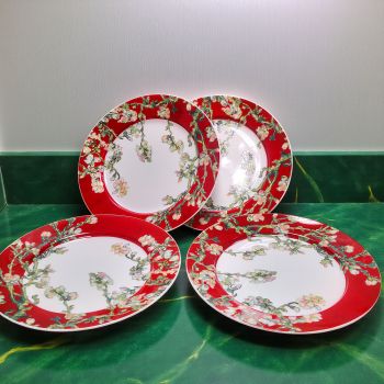 КОМПЛЕКТ ОТ 4 броя ЧИНИИ 20см  ПО КАРТИНА НА ВАН ГОГ - ЦЪФНАЛИ БАДЕМИ червен фон