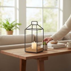 МЕТАЛЕН ФЕНЕР - СВЕЩНИК НА ДЪРВЕНА ОСНОВА