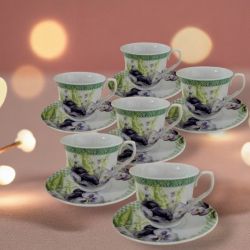 СЕРВИЗ КАФЕ / ЧАЙ 6 чаши + 6 чинийки - ПРОЛЕТНИ ТЕМЕНУГИ