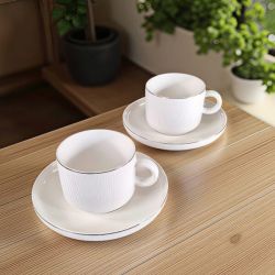 СЕРВИЗ ЗА КАФЕ / ЧАЙ  2 чаши + 2 чинийки - БЕЛИ ДЪРВЕСНИ НИШКИ