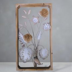 МЕТАЛНА ДЕКОРАЦИЯ ЗА СТЕНА В ДЪРВЕНА РАМКА - ЦВЕТЯ НА СТЕНАТА