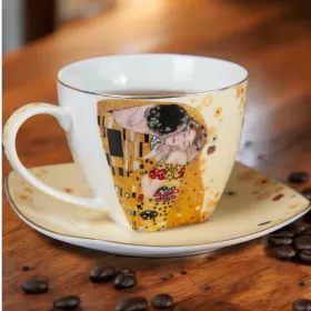 КОМПЛЕКТ ЗА ДВАМА ЗА КАФЕ ИЛИ ЧАЙ - ЦЕЛУВКАТА НА ГУСТАВ КЛИМТ / сиво-бежав нюанс /