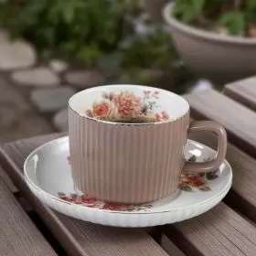 СЕРВИЗ ЗА КАФЕ ЗА ДВАМА / 2 чаши  + 2 чинийки / - КАДИФЕ ОТ ЕСЕН И ЦВЕТЯ
