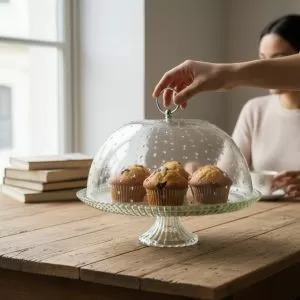 ПОДНОС ЗА ТОРТА С КАПАК ОТ СТЪКЛО - РЕЛЕФ И ПРОЗРАЧНОСТ