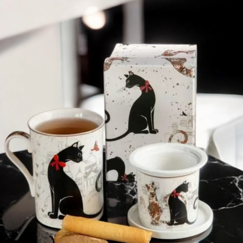 ПОРЦЕЛАНОВА ЧАША  С ЦЕДКА И КАПАЧЕ ЗА ЗАПАРКА НА ЧАЙ - ЧЕРНА КОТКА,БЯЛ КОТАРАК 