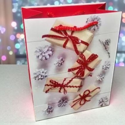 КОЛЕДНА ПОДАРЪЧНА ТОРБИЧКА 28см*18см*10см / 4 дизайна / - БЛЯСЪК В ЧЕРВЕНО 