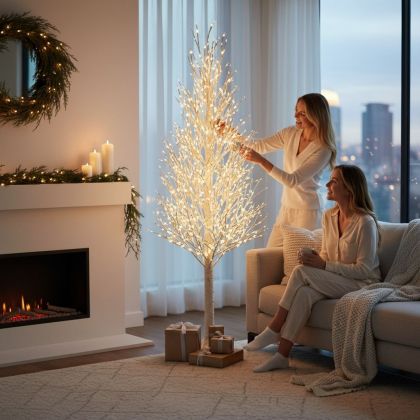 СВЕТЕЩО КОЛЕДНО БЯЛО ДЪРВО 210см - ЗАХАРОСАНИ КЛОНКИ ОТ СКРЕЖ