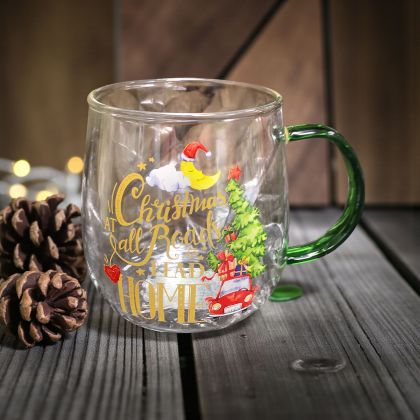 СТЪКЛЕНА ЧАША С КОЛЕДЕН МОТИВ / избор от 3 варианта / И ЦВЕТНА ДРЪЖКА  - ВЪЛШЕБНА ТОПЛИНА