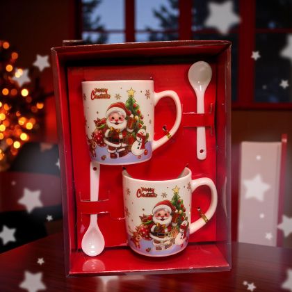 КОМПЛЕКТ ОТ КОЛЕДНИ ЧАШИ / 2ЧАШИ+2ЛЪЖИЧКИ / - УСМИВКИ ОТ БЕЛОБРАДИЯ СТАРЕЦ