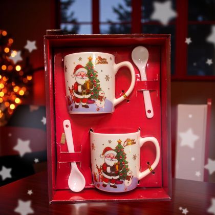 КОМПЛЕКТ ОТ КОЛЕДНИ ЧАШИ / 2ЧАШИ+2ЛЪЖИЧКИ / - УСМИВКИ ОТ БЕЛОБРАДИЯ СТАРЕЦ