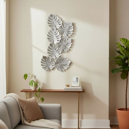 Метално декоративно стенно пано - Сребърни листа 70 см 