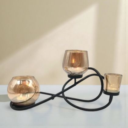 Свещник метал и стъкло черен кехлибар троен