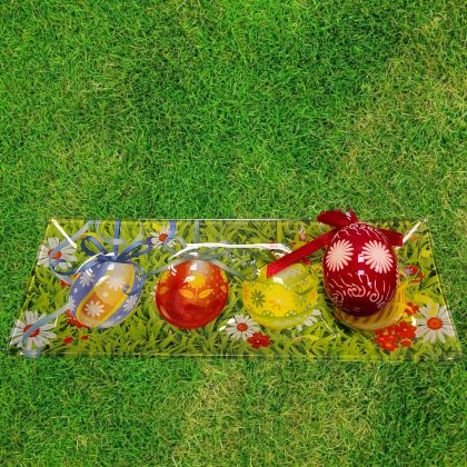 ВЕЛИКДЕНСКА СТЪКЛЕНА ЧИНИЯ С 4 броя ГНЕЗДА ЗА ЯЙЦА - ПЪСТЪР ВЕЛИКДЕН