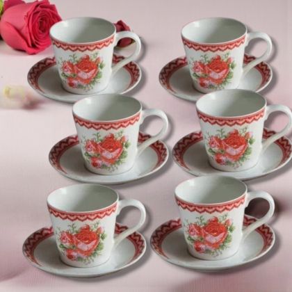 СЕРВИЗ ЗА КАФЕ или ЧАЙ /6чаши + 6чинийки/ - БЪЛГАРСКА БРОДЕРИЯ С РОЗИ