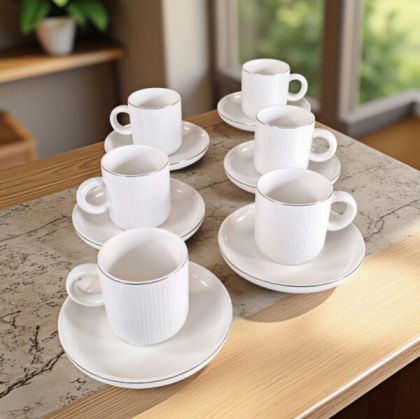 СЕРВИЗ ЗА КАФЕ 6 чаши + 6 чинийки - БЕЛИ ДЪРВЕСНИ НИШКИ