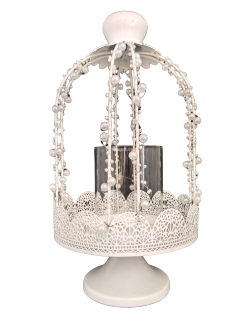 Сватбен метален фенер с бели перли 32 см 