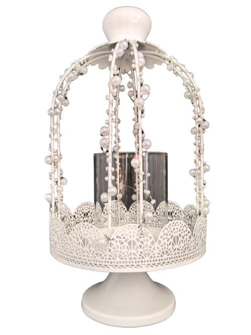 Сватбен метален фенер с бели перли 40 см 