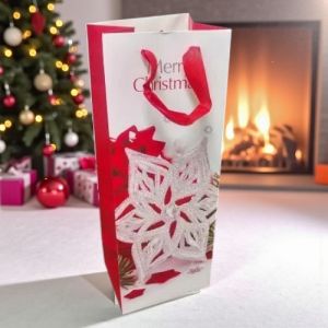 КОЛЕДНА ТОРБИЧКА ЗА БУТИЛКА 35см*12см*10см  / 4 дизайна / - СНЕЖНО И БЯЛО