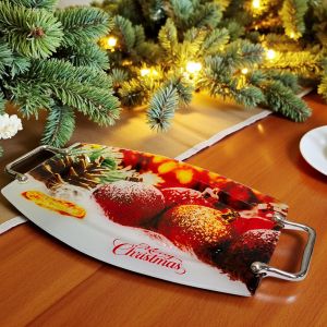 СТЪКЛЕН КОЛЕДЕН ПОДНОС С ДРЪЖКИ 48см*25,5см - ЗАСКРЕЖЕНИ ТОПКИ В СНЕГА