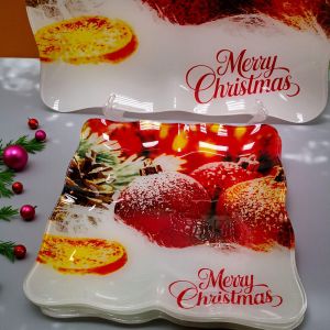 СТЪКЛЕН КОЛЕДЕН КОМПЛЕКТ ЗА ТОРТА 7части - ЗАСКРЕЖЕНИ ТОПКИ В СНЕГА