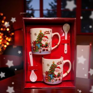 КОМПЛЕКТ ОТ КОЛЕДНИ ЧАШИ / 2ЧАШИ+2ЛЪЖИЧКИ / - УСМИВКИ ОТ БЕЛОБРАДИЯ СТАРЕЦ