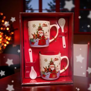 КОМПЛЕКТ ОТ КОЛЕДНИ ЧАШИ / 2ЧАШИ+2ЛЪЖИЧКИ / - УСМИВКИ ОТ БЕЛОБРАДИЯ СТАРЕЦ