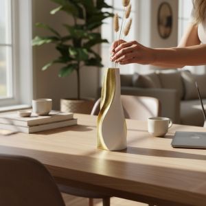  КОМПЛЕКТ ВАЗА И СВЕЩНИК - ИЗКУСТВО В БЯЛО И ЗЛАТО