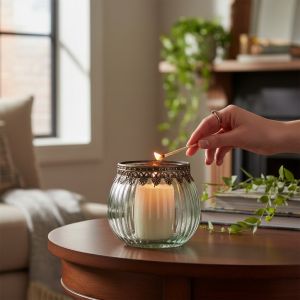 Стъклен прозрачен свещник с метален обков в златисто Ф11Х10