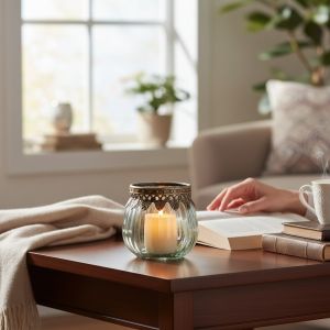 Стъклен прозрачен свещник с метален обков в златисто Ф8Х8