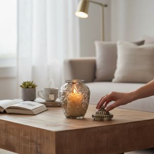 СТЪКЛЕН СВЕЩНИК С МЕТАЛЕН КАПАК - ОТБЛЯСЪЦИ В НОЩТА