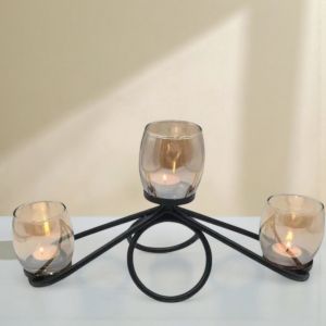 Свещник метал и стъкло черен кехлибар троен