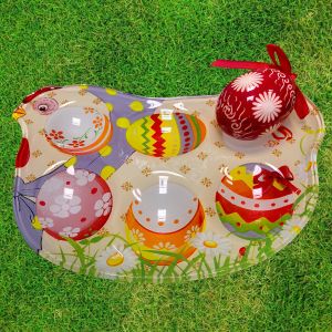 ВЕЛИКДЕНСКА СТЪКЛЕНА ЧИНИЯ КОКОШКА С 6 броя ГНЕЗДА ЗА ЯЙЦА - ПЪСТЪР ВЕЛИКДЕН