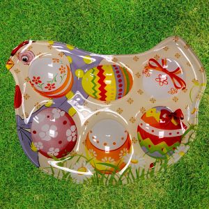 ВЕЛИКДЕНСКА СТЪКЛЕНА ЧИНИЯ КОКОШКА С 6 броя ГНЕЗДА ЗА ЯЙЦА - ПЪСТЪР ВЕЛИКДЕН