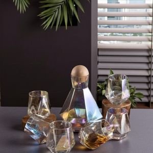 СЕТ ЗА УИСКИ 7 ЧАСТИ С НАКЛОНЕНИ ЧАШИ /гарафа+6 чаши/ - ХАМЕЛЕОНОВИ НЮАНСИ