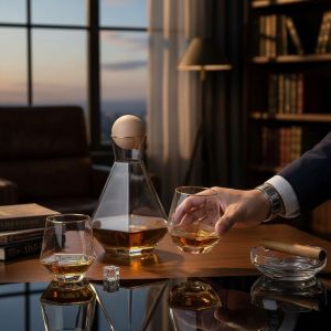 СЕТ ЗА УИСКИ 7 ЧАСТИ С НАКЛОНЕНИ ЧАШИ /гарафа+6 чаши/ - ЗЛАТНИ РИНГОВЕ