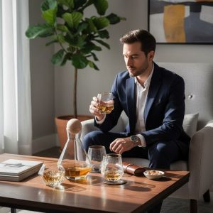 СЕТ ЗА УИСКИ 7 ЧАСТИ С НАКЛОНЕНИ ЧАШИ /гарафа+6 чаши/ - ЗЛАТНИ РИНГОВЕ