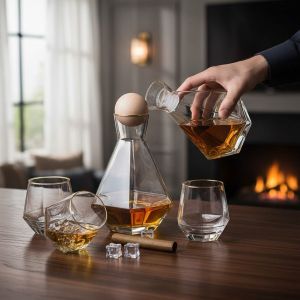 СЕТ ЗА УИСКИ 7 ЧАСТИ С НАКЛОНЕНИ ЧАШИ /гарафа+6 чаши/ - ЗЛАТНИ РИНГОВЕ