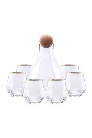 СЕТ ЗА УИСКИ 7 ЧАСТИ С НАКЛОНЕНИ ЧАШИ /гарафа+6 чаши/ - ЗЛАТНИ РИНГОВЕ