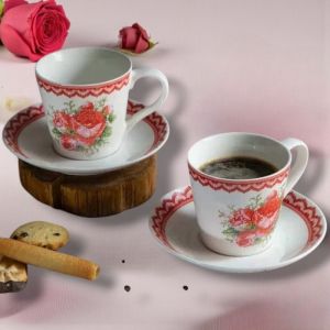 СЕРВИЗ ЗА КАФЕ или ЧАЙ /6чаши + 6чинийки/ - БЪЛГАРСКА БРОДЕРИЯ С РОЗИ