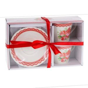 СЕРВИЗ ЗА КАФЕ или ЧАЙ /6чаши + 6чинийки/ - БЪЛГАРСКА БРОДЕРИЯ С РОЗИ