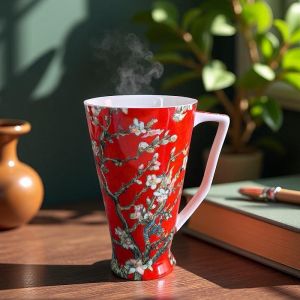 ПОРЦЕЛАНОВА ЧАША ЗА ШРАПЕ / ЧАЙ  500мл ПО КАРТИНА НА ВАН ГОГ - ЦЪФНАЛИ БАДЕМИ /червен фон/